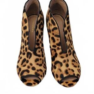 Halogen Ladies Tan Black Calf Hair Leopard Print Ankle Peep-Toe Bootie 3.5in Hee